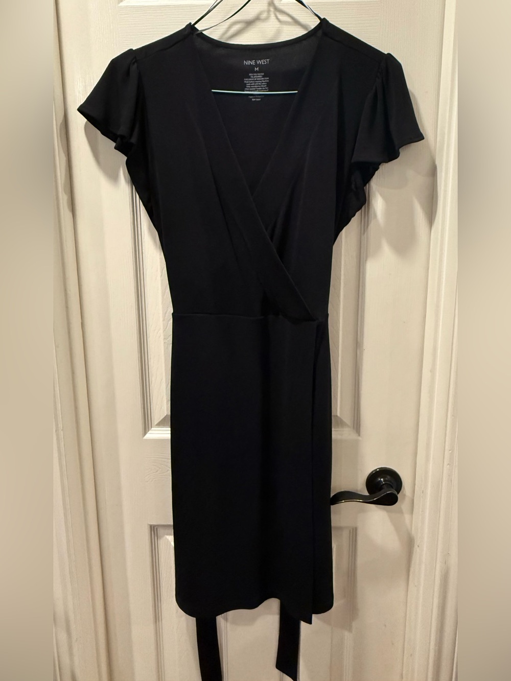 Nine West Black Faux-Wrap Midi Dress with Flutter Sleeves